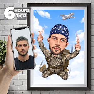 Personalized Skydiver Cartoon Portrait, Custom Skydiver Caricature Drawing from Photo, Funny Skydiver Caricature, Gift for Skydiver.
