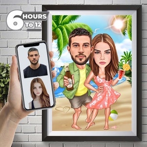 Portret pary na plaży, portret pary, prezent dla pary, karykatura pary, karykatura na zamówienie, karykatura ze zdjęcia, komiks dla pary.