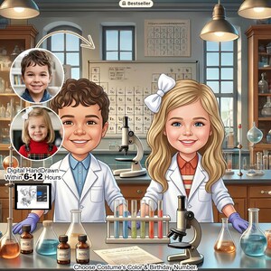 Op de afbeelding: Digitaal getekend cartoonportret van twee kinderen in laboratoriumjassen, in een laboratorium. De afbeelding bevat microscopen, bekers en een periodiek systeem. Tekst op de afbeelding zegt "Digital Hand Drawn Within 6-12 Hours" en "Choose Costume's Color & Birthday Number."