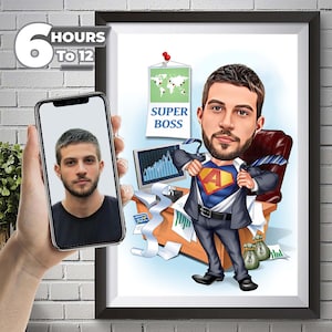Puede incluir: Una ilustración de dibujos animados de un hombre vestido como un superhéroe, con una capa roja y un traje azul, de pie en una oficina. Está sosteniendo su traje abierto para revelar el traje de superhéroe debajo. El texto "SUPER BOSS" es visible en un cartel colgado en la pared detrás de él.