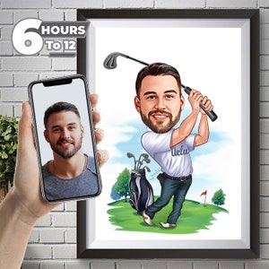 Regalo de golfista, retrato de caricatura personalizado de su foto, regalo de jugador de golf, dibujos animados de golf, retrato de golf, digital