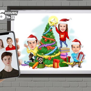Retrato de dibujos animados de Navidad, tarjeta de felicitación CARICATURA, caricatura de tarjeta de Navidad, tarjeta de caricatura Vacaciones