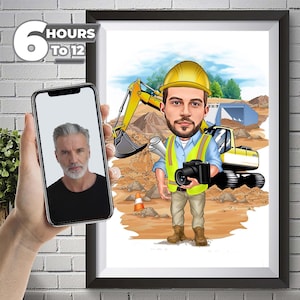 Könnte beinhalten: Eine Cartoon-Illustration eines Bauarbeiters mit gelbem Helm und Sicherheitsweste, der eine Kamera hält. Der Arbeiter steht vor einem gelben Bagger. Das Bild ist eine Illustration im Karikatur-Stil.