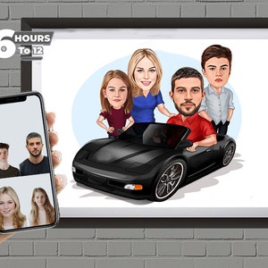 Custom Family Portrait with Car, A Unique Gift for Car Lovers and a Joyful Celebration of Family , Gift Father,Digital Downloads,