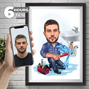 Klempner Karikaturzeichnung vom Foto, lustiges Klempner Geschenk für Männer, Klempner Ruhestandsgeschenk, Klempner Poster, Klempner Kunst, Klempner Cartoon.