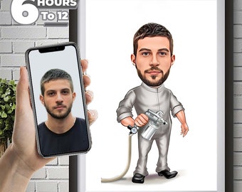 Cartoon Carpenter, Professional Car Painter Caricature, Custom Car Painting Gift, Auto Painter Art, Automotive Gift, Custom Auto Painter.