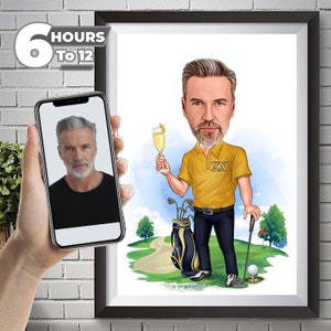 Custom Male Golfer Cartoon Portrait, Golfer Portrait Gift for Golfer, Golfer Caricature, Caricature from Photo Golfer Cartoon Gift for him.