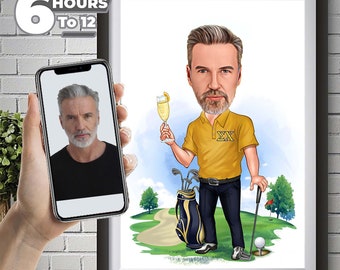 Custom Male Golfer Cartoon Portrait, Golfer Portrait Gift for Golfer, Golfer Caricature, Caricature from Photo Golfer Cartoon Gift for him.