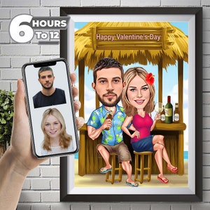 Personalized Couple Caricature at Beach, Custom Valentine&#39;s Day Caricature Drawing, Funny Couple Caricature, Gift Couple, Couple Portrait