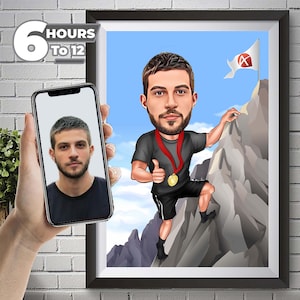Regalo de excursionista para hombres, caricatura de excursionista masculino de la foto, arte de pared de excursionista divertido, retrato de excursionista divertido, dibujo de dibujos animados de excursionista, regalo para amantes del senderismo.