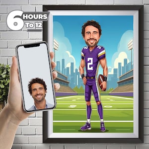 Minnesota Vikings American Football Zeichnung Fußballspieler Karikatur vom Foto Fußball Cartoon Porträt Lustiges Fußball Geschenk.