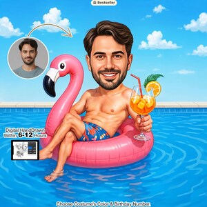 Könnte beinhalten: Digitale Illustration einer Person, die sich in einem rosa Flamingo-Pool-Float entspannt und einen Cocktail hält. Das Bild enthält ein kleineres Porträt und den Text „Digital Hand Drawn Within 6-12 Hours“. Der Hintergrund ist ein blaues Schwimmbad und Himmel.