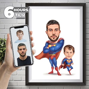 Benutzerdefinierte Super Dad und Sohn Cartoon Portrait, Super Dad Portrait, Papas Geschenk, Super Dad Karikatur, Superhelden-Karikatur, Karikatur vom Foto