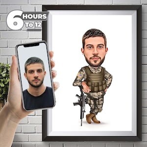 Cadeau militaire, portrait de soldat de dessin animé personnalisé, cadeau d'ancien combattant, cadeaux personnalisés pour l'ancienneté militaire d'un soldat de l'armée, idées de cadeaux drôles pour l'armée
