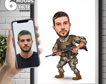 Caricatura personalizzata di un soldato dell'esercito, caricatura personalizzata, ritratto militare digitale, regalo di ritorno a casa, regalo per veterani, regalo militare dell'esercito, anzianità