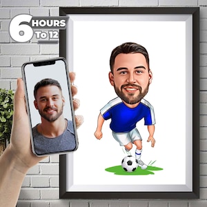 Cadeau caricature de joueur de football, caricature de joueur de football à partir d&#39;une photo, dessin de dessin animé drôle de joueur de football, portrait numérique de joueur pour homme