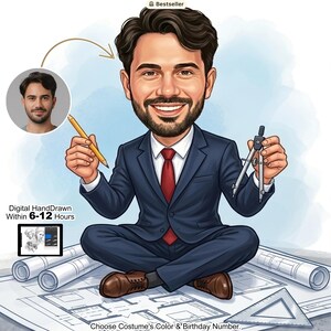 May include: A digital caricature of a man in a navy blue suit and red tie, holding a pencil and a compass. The image includes architectural blueprints and the text "Digital HandDrawn Within 6-12 Hours". The image is labeled "Bestseller".