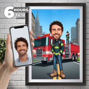 Custom Firefighter Cartoon Portrait, Fireman Caricature from Photo, Digital Portrait  Firefighter Gift Caricature Portrait Personalized Gift