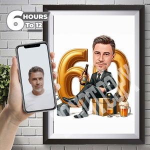 Caricature du 60e anniversaire : homme d'affaires en or avec cadeau, idéal pour célébrer un événement marquant avec humour et style pour un homme de 60 ans