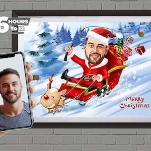 Custom Man Christmas Cartoon Portrait, Christmas Caricature from Photo, Christmas Gift for Man, Funny Christmas Cartoon, Santa Claus Cartoon