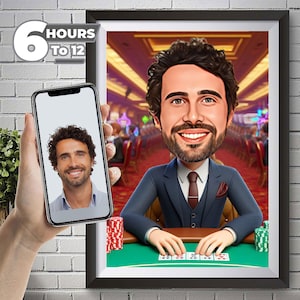 Ritratto di cartone animato di poker personalizzato, caricatura di poker, regalo per giocatore di poker maschio, git di poker divertente, caricatura da foto, poker personalizzato.