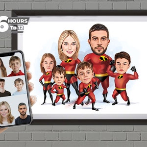 Custom Superhero ,Family Cartoon Portrait, dad, Mom and Sons Caricature, Superhero Caricature, Caricature from Photo, Family