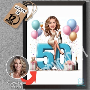 Karikatuur 50e verjaardag: 50 vrouwen in lichtbruine jurken met cadeaus, hemelsblauw cadeaucijfer, ideaal voor feesten! Uniek cadeau