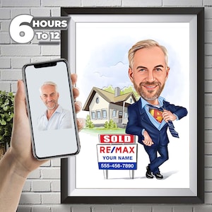 Retrato de dibujos animados de agente inmobiliario personalizado, caricatura de súper agente inmobiliario, regalo para agente inmobiliario masculino, dibujos animados de agente inmobiliario, caricatura divertida de agente inmobiliario de la foto.