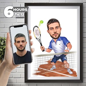 Personalized Tennis Player Caricature Drawing, Cartoon from Photo, Custom Portrait Drawing, Digital Art, Bobblehead Drawing, Fun Gift.