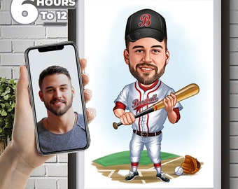 Personalized Baseball Player Caricature Drawing, Cartoon from Photo, Custom Baseball Portrait Drawing, Digital Art, Bobblehead, Gift for Him