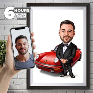 Personalize Business Man with Luxury Car Caricature, Businessman Caricature, Big Boss Caricature, Success Celebration Caricature