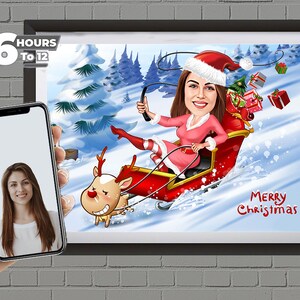 Benutzerdefinierte weibliche Weihnachtskarikatur Porträt, Weihnachtskarikatur vom Foto, Weihnachtsgeschenk für Frauen, lustige Weihnachtskarikatur, Weihnachtsmann