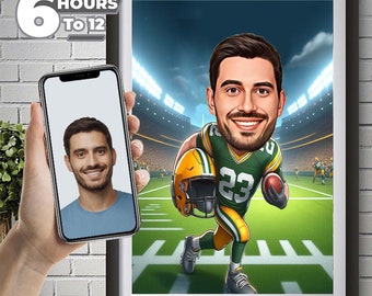 Green Bay Packers American Football Drawing Football Player Caricature from Photo Football Cartoon Portrait Funny Football Gift.