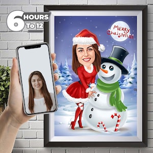 Custom Christmas Cartoon Portrait, Christmas Caricature from Photo, Christmas Gift for Women, Funny Christmas Cartoon, Santa Claus Cartoon