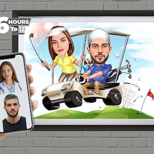 Benutzerdefinierte Golfer-Paar-Karikatur-Porträt, Golfer-Paar-Porträt, Geschenk für Golfer-Paar, lustige Golfer-Paar-Karikaturzeichnung vom Foto
