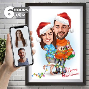 Retrato personalizado de caricatura familiar de Navidad, regalo de caricatura de retrato de pareja de Navidad, regalos de mejor amigo, regalo de caricatura de pareja de Navidad