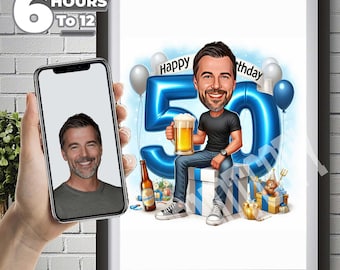 Custom Caricature for 50-Year-Old Man&#39;s Birthday: Gift Theme, Jeans & White/Blue Outfit, Perfect Personalized Gift