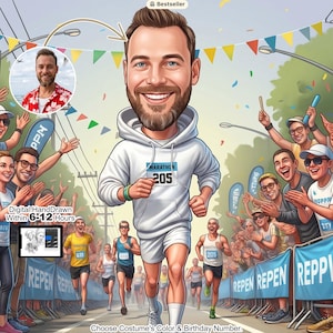 Puede incluir: Ilustración digital de un hombre corriendo una maratón, con una sudadera con capucha y pantalones cortos blancos con el número 205. La imagen incluye el texto "Digital Hand Drawn Within 6-12 Hours" y "Choose Costume's Color & Birthday Number."