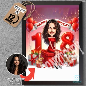 18th Birthday Caricature: 18 Girls in Light Red Dresses with Gifts, Red Gift Digit, Perfect for Celebrations! Unique & Fun Gift Idea!
