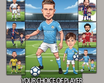Personnalisé kevin de bruyne, joueur de football avec enfant, dessin animé, joueur de votre choix, entraîneur masculin, entraîneur, photo à dessin animé, cadeau d'anniversaire de football