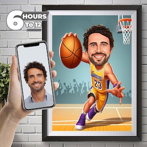 Los Angeles Leakers Basketball Player Cartoon Portrait, Custom Funny Basketball Player Caricature Drawing from Photo, Gift for Basketball.