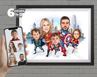 Superhjälteporträtt från ditt foto, Superhjältekarikatyrserier, Anpassat tecknat porträtt, Anpassat superhjälteporträtt, Familjesuperhjälte