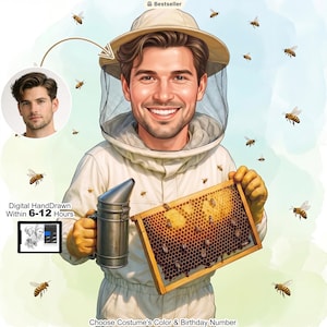 Könnte beinhalten: Digitale Illustration eines Imkers in Schutzkleidung und Hut mit Netzschleier. Er hält eine Honigwabe und einen Raucher. Bienen fliegen herum. Der Text "Digital HandDrawn Within 6-12 Hours" ist enthalten.