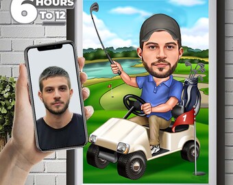 Custom Golfer Caricature Portrait, Personalized Birthday Gift (Digital Download)
