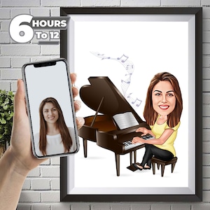 Custom Piano Female  Caricature: Personalized Piano Female  Portrait Illustration, Bespoke Music Art, Unique Gift for Her, Custom Cartoon