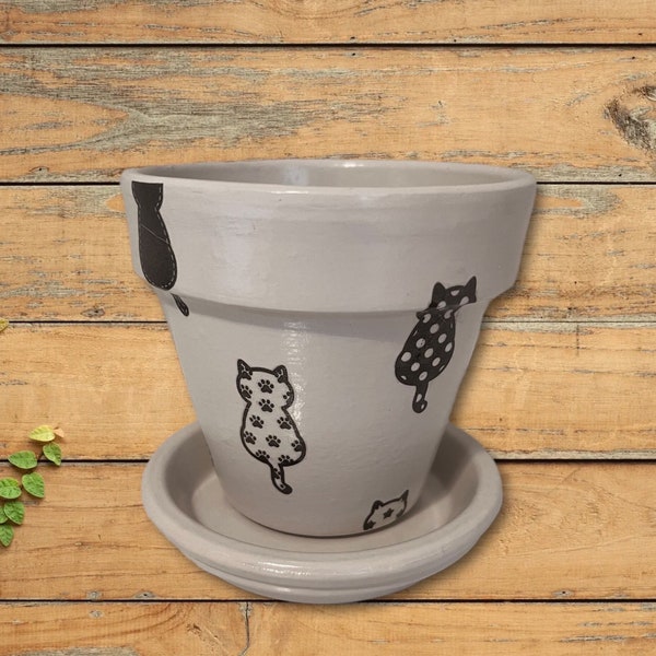 Cat Silhouette Plant Pot | Decoupaged Planter | Grow Your Own Gift Set | Cute Cat Flower Pot | Unique Housewarming Gift