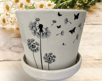 Dandelion Plant Pot and Saucer, Hand Painted and Decoupaged.  Ideal gift as 'Grow Your Own Set' for Garden and Plant Lovers