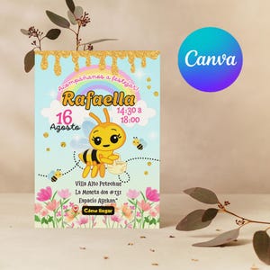 Little Bee Birthday Invitation, editable on Canva