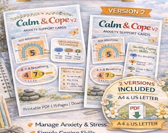 Calm and Cope Anxiety Support Cards Printable, Coping Skills for Kids, Calm Down Corner, Grounding Technique, Breathing Exercises, SEL Tool