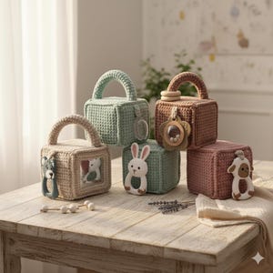 May include: Five crocheted baby blocks in various pastel colors, each with a handle and a different animal-shaped teether. The blocks are arranged on a light-colored wooden table, suggesting a nursery setting.